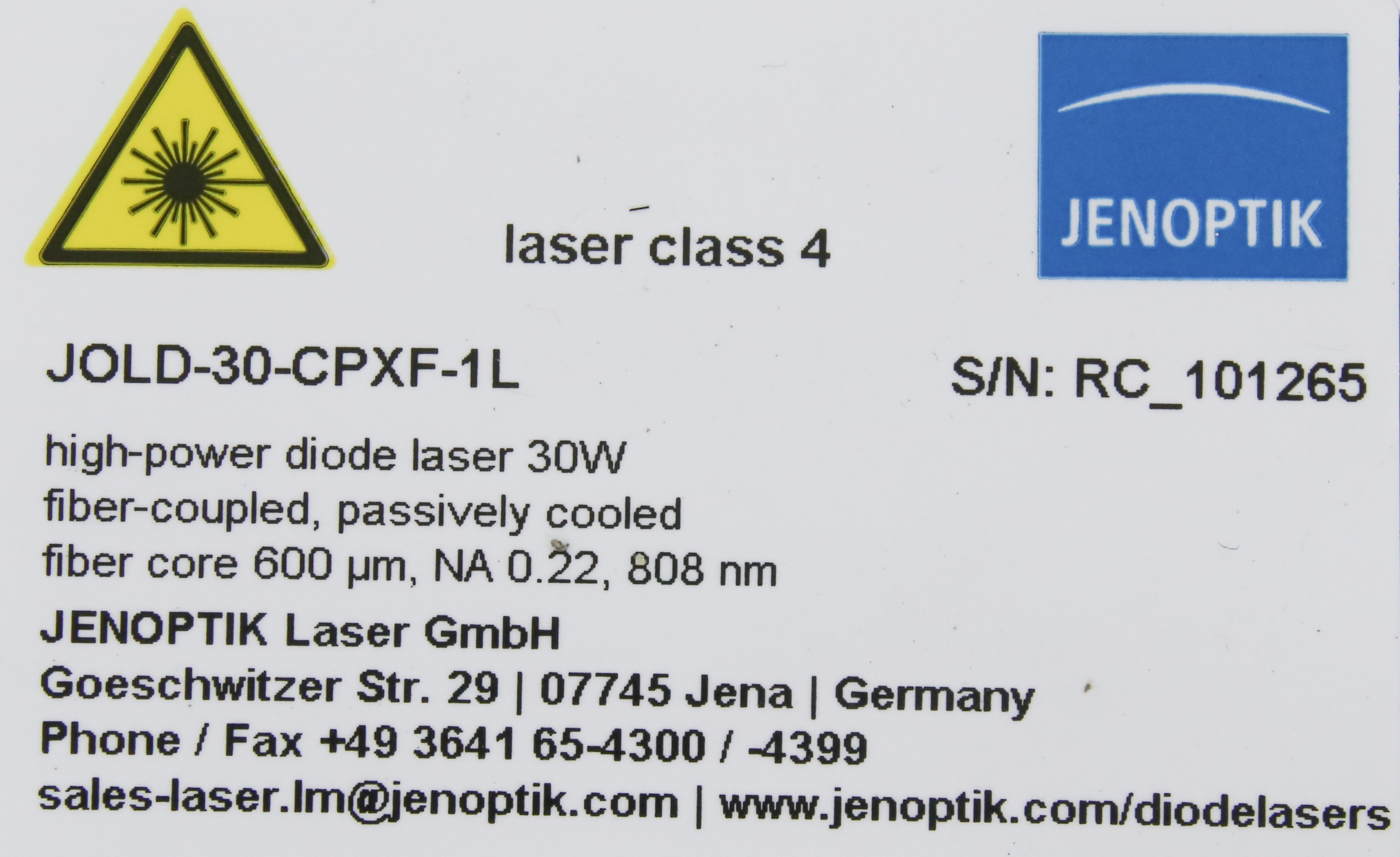 12205 JENOPTIK FIBER-COUPLED DIODE LASER, 30W, 808NM JOLD-30-CPXF-1L –  J316Gallery